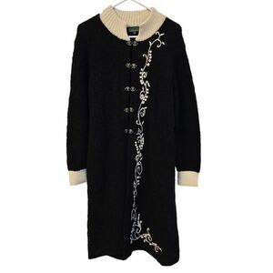 Womens Alpaca Wool Floral Embroidery Long Sweater Cardigan Heart Clasps Peru LRG